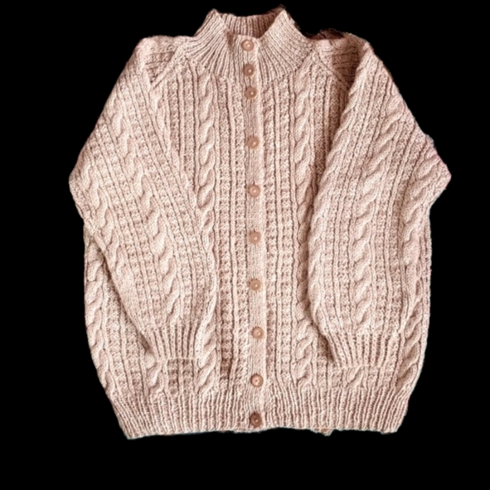 Handmade Cable Knit Slouchy Fuzzy Wool Cardigan Ribbed Cuffs Oatmeal Stretchy